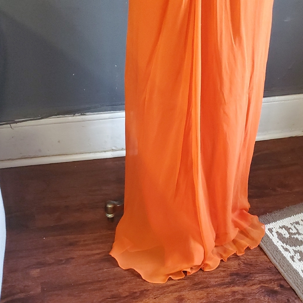 Vtg Niteline Chic Orange Silk Gown with Silver Accents - Picture 3 of 16
